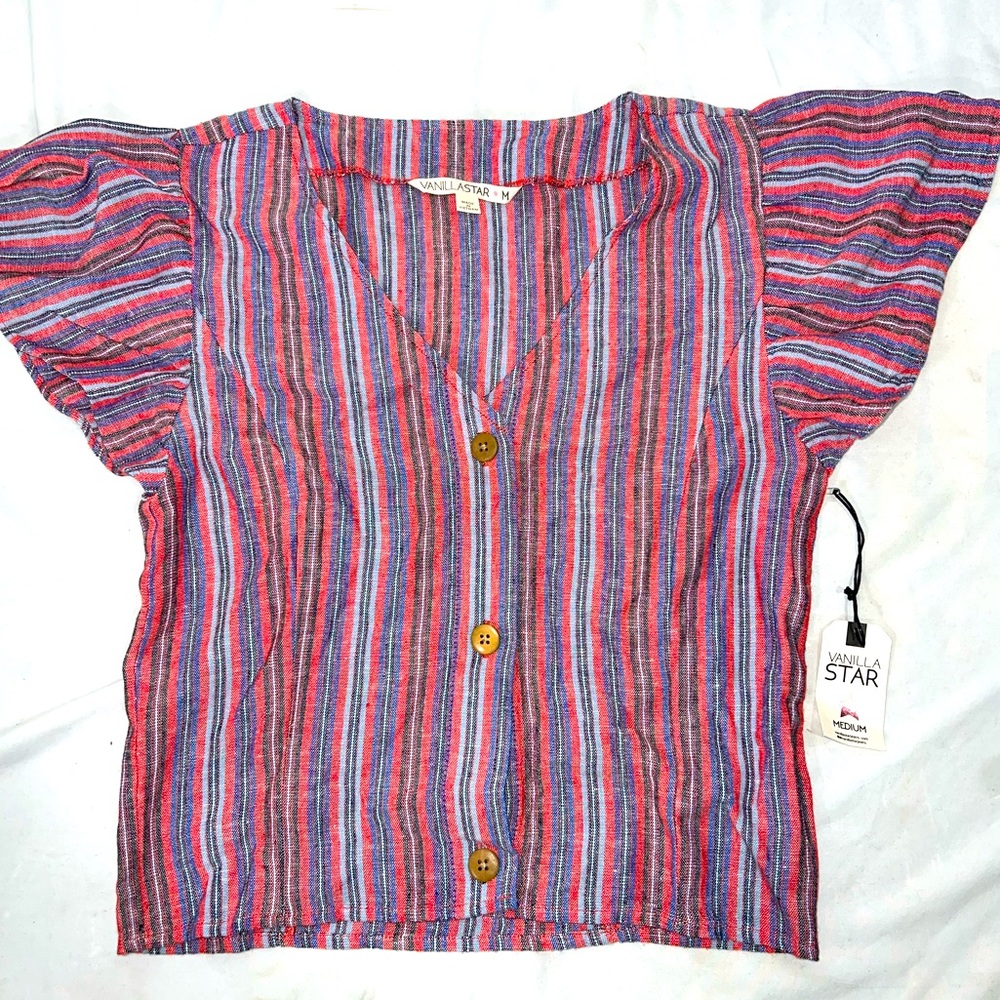 NWT Vanilla Star Women’s Short Sleeve Button Down Striped Shirt Pink Blue M